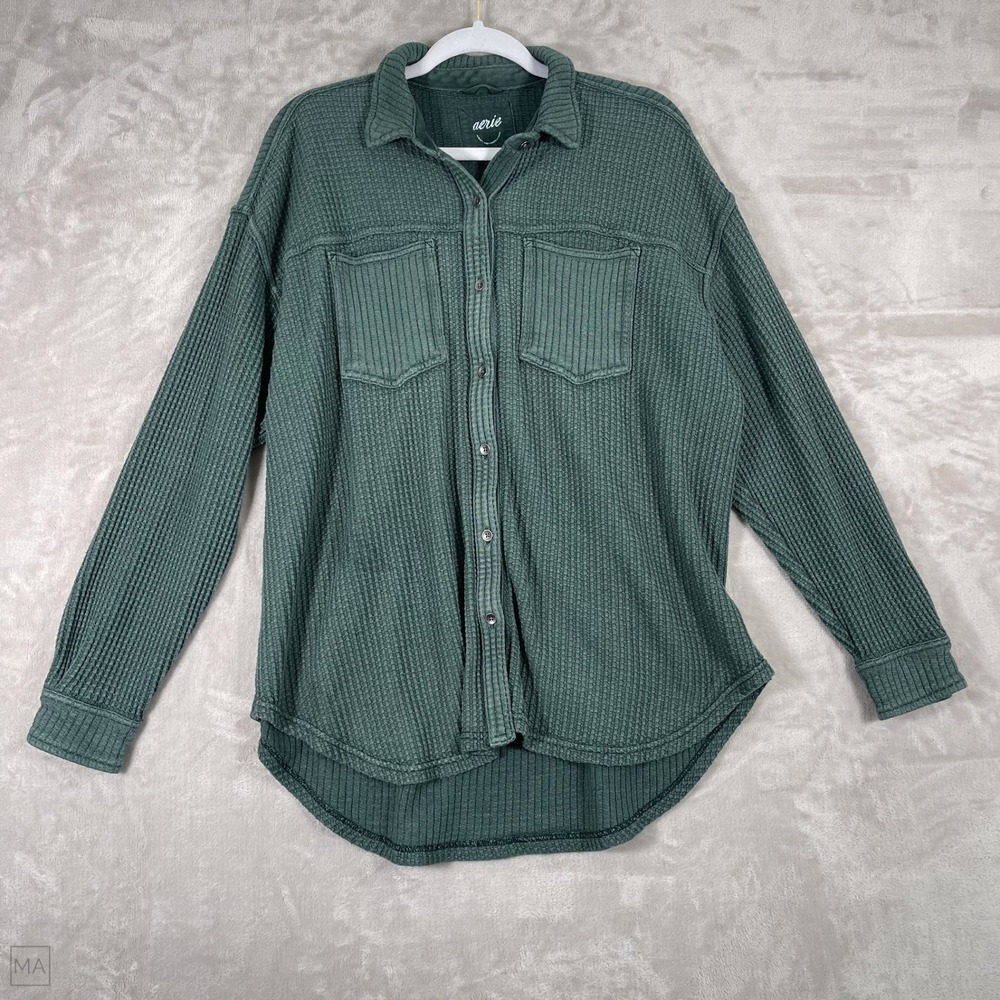 Aerie Women's Button Up Shacket Shirt Jacket Waffle Knit Oversized Fall S Green